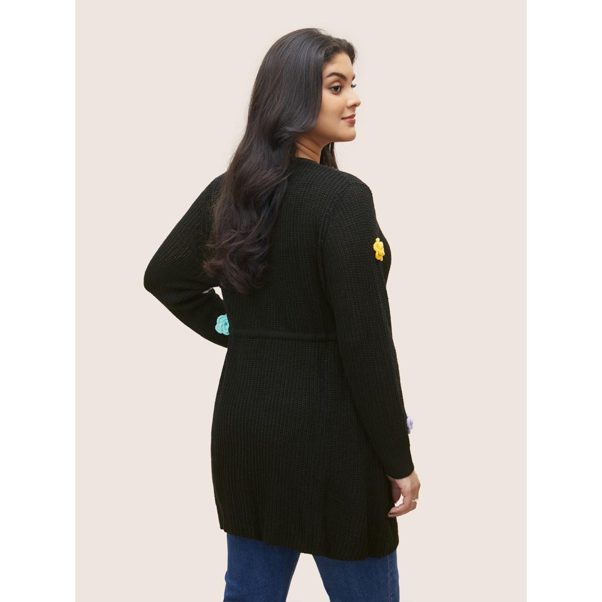 Plus Size Colored Floral Plisse Drawstring Tunic Cardigan Black Women Vacation Loose Long Sleeve Dailywear Cardigans BloomChic 18-20/2X Product Image