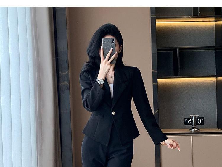 Notch Lapel Plain Single Breasted Blazer / High Waist Cropped Straight Leg Suit Pants / Set Product Image