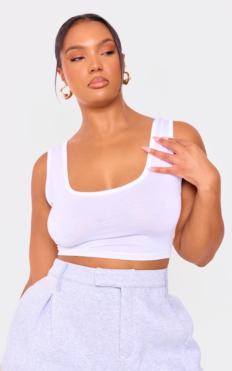 Plus White Basic Jersey Square Neck Crop Tank Product Image