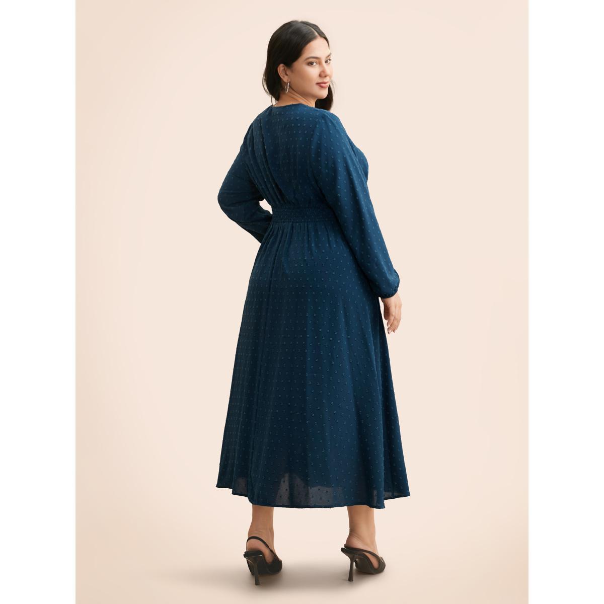 Plus Size Overlap Collar Textured Ruched Dress Aegean Women Elegant Texture Overlap Collar Long Sleeve Curvy BloomChic 22-24/3X Product Image