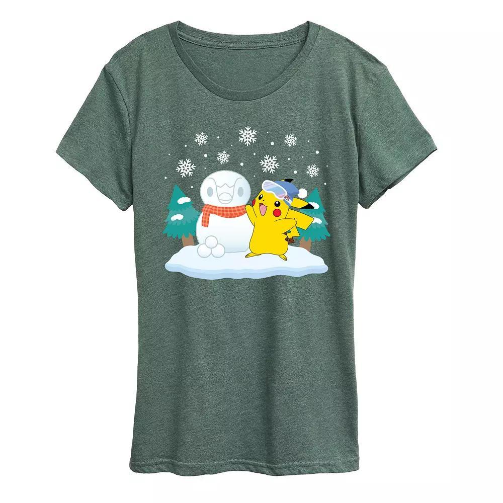 Womens Pokemon Pikachu Piplup Snowman Graphic Tee Grey Green Product Image