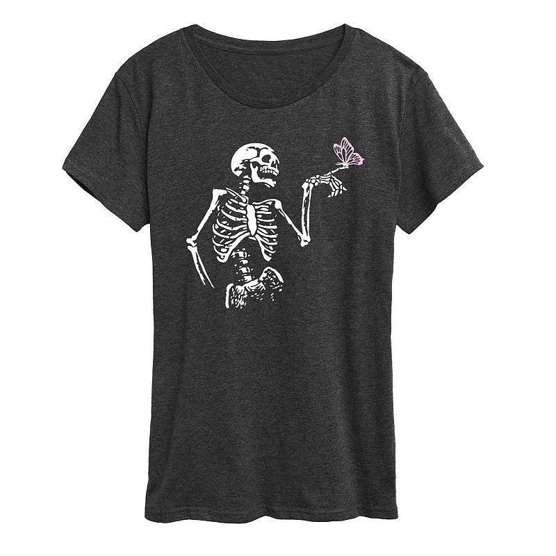 Women's Skeleton With Butterfly Graphic Tee, Size: XXL, Heather Grey Product Image