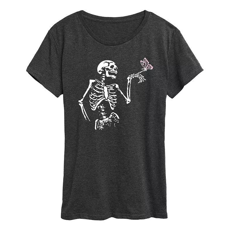 Women's Skeleton With Butterfly Graphic Tee, Size: XXL, Heather Grey Product Image