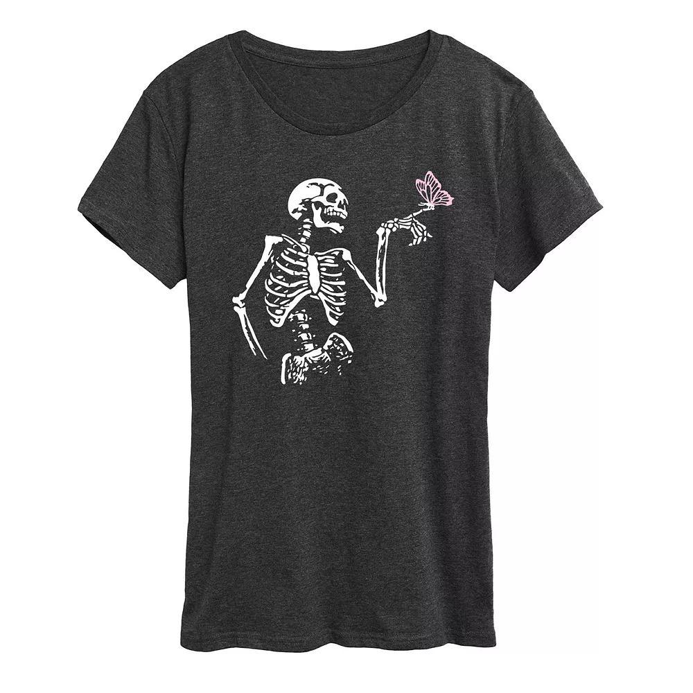 Women's Skeleton With Butterfly Graphic Tee, Size: XXL, Heather Grey Product Image