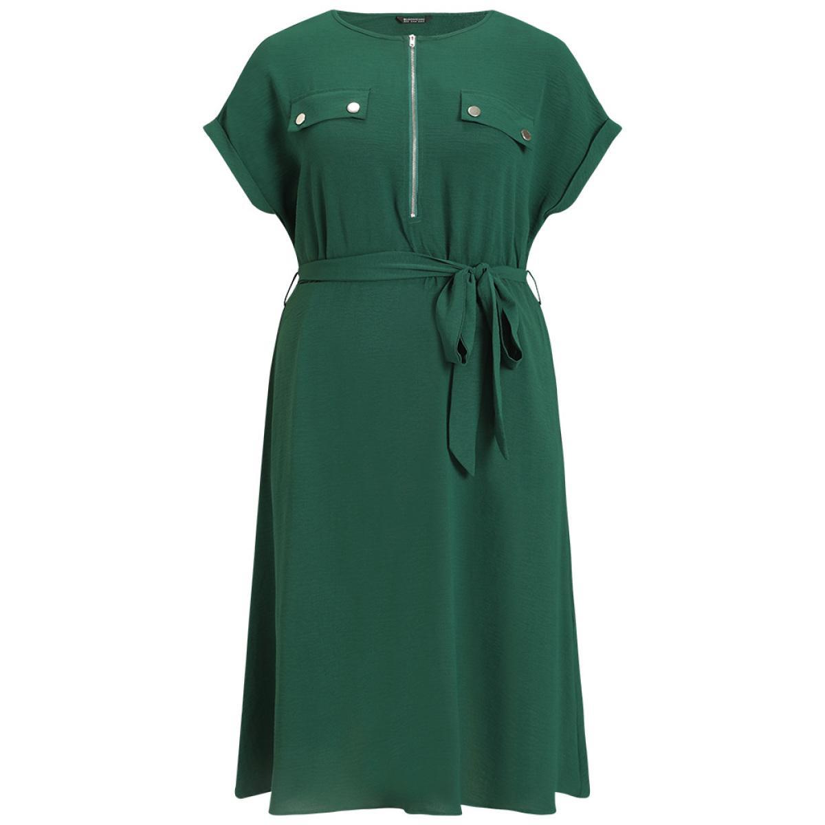 Plus Size Plain Zipper Pocket Button Detail Belted Roll Dress DarkGreen Women Office Plain Round Neck Short sleeve Curvy Midi Dress BloomChic 12/L Product Image