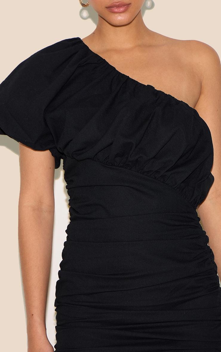 Black Linen-Blend One Shoulder Bodycon Dress Product Image