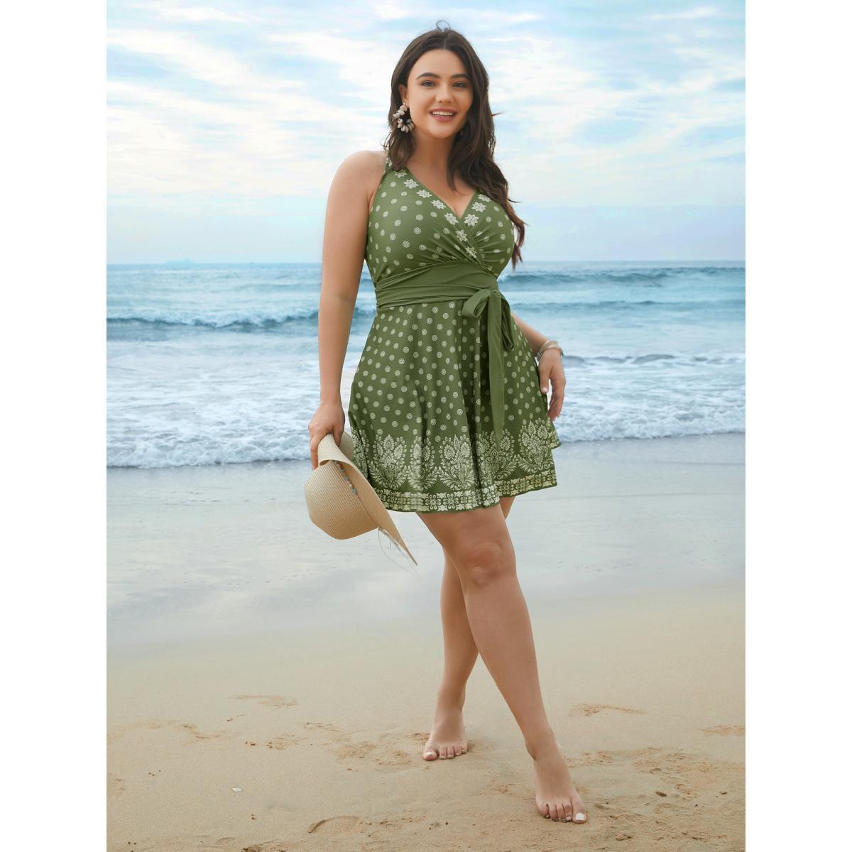 Plus Size Boho Print Waist-Tie Surplice Neck Swim Dress Women's Swimwear Greenbean Beach Bodycon Overlap Collar High stretch Curve Swim Dresses BloomChic 28/5X Product Image