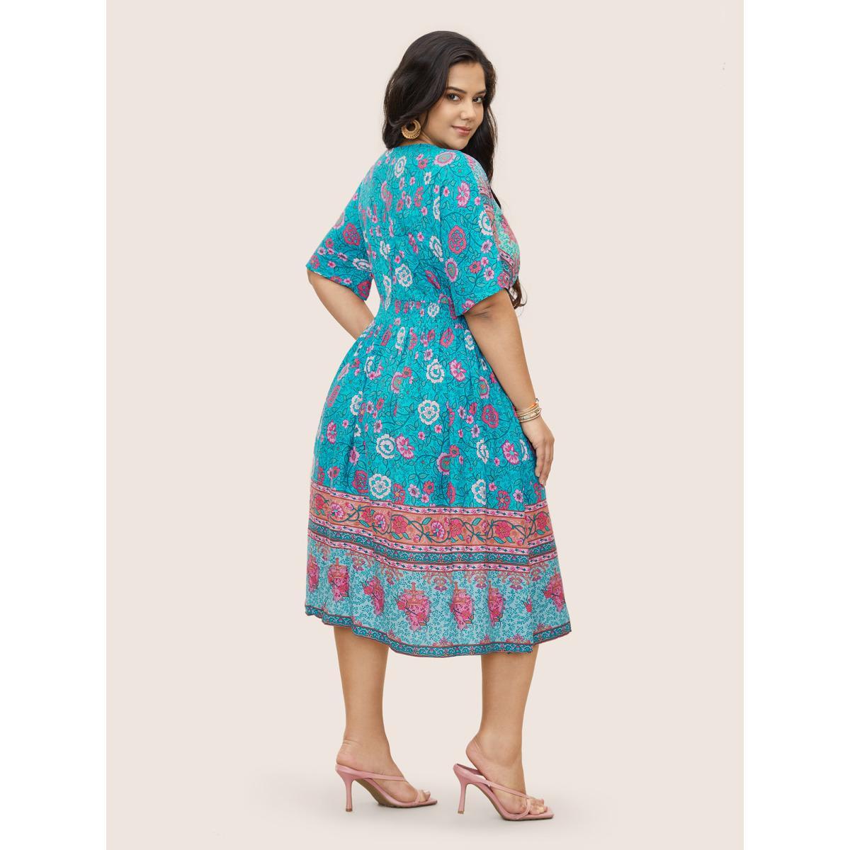 Plus Size Floral Dolman Sleeve Ruffles Shirred Split Hem Dress Cerulean Women Resort Non V-neck Short sleeve Curvy Midi Dress BloomChic 22-24/3X Product Image