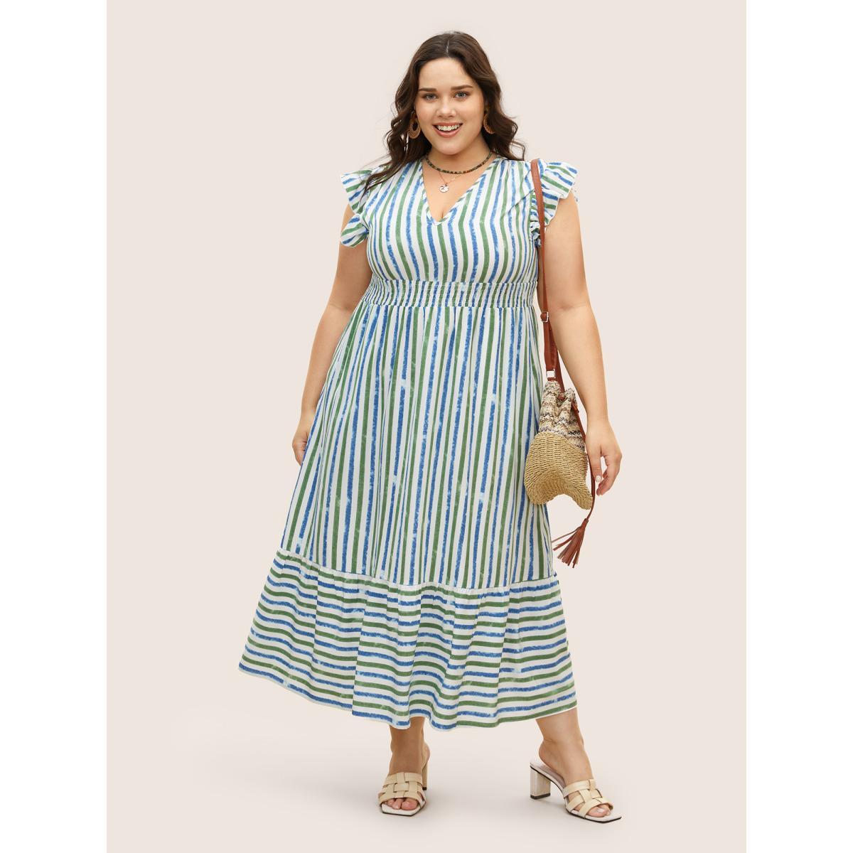 Plus Size Striped Ruffle Cap Sleeve Shirred Dress Mediumblue Women Resort Shirred V-neck Cap Sleeve Curvy BloomChic 12/L Product Image