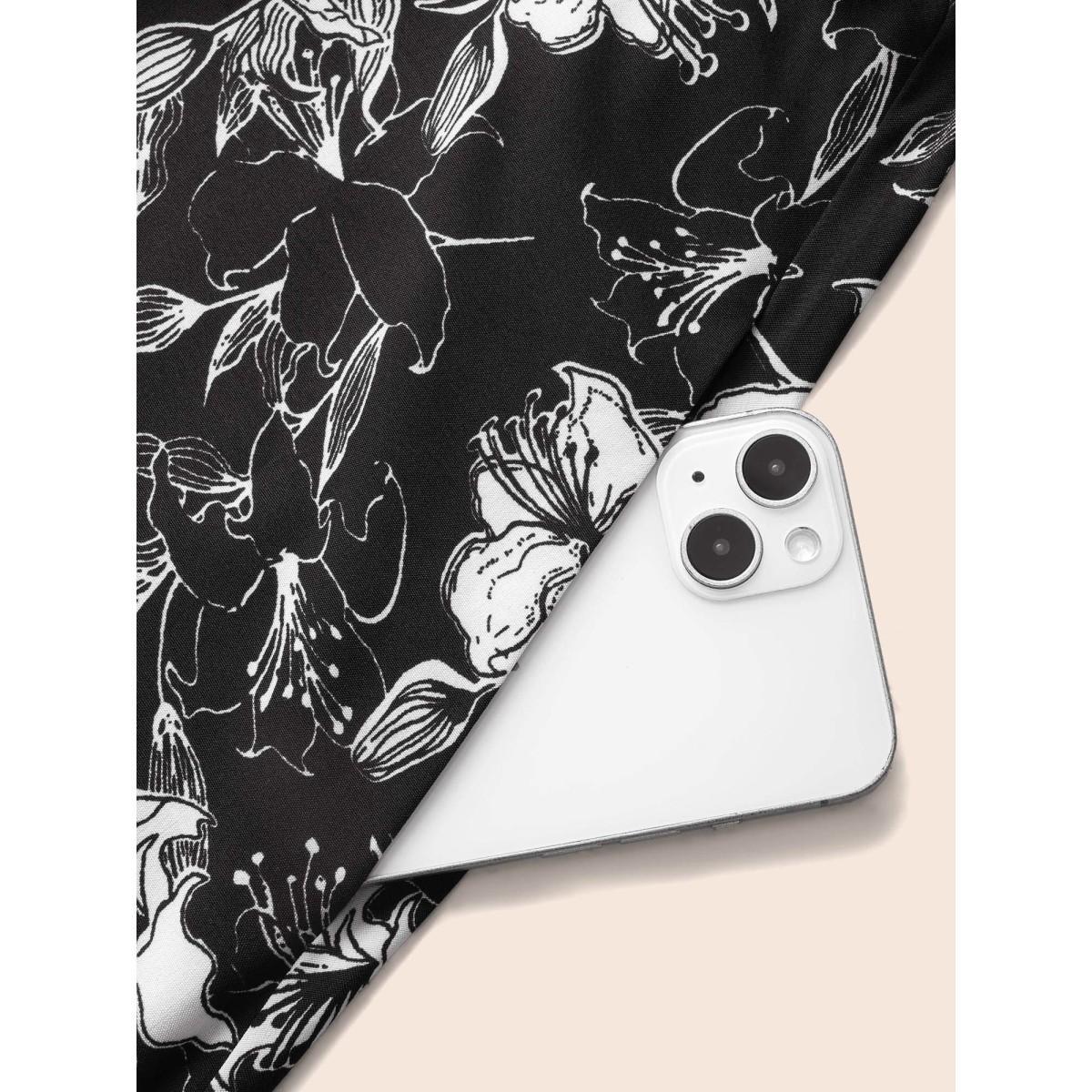 Plus Size Floral Heart Neckline Ruffle Trim Dress Black Women Elegant Ruffles Heart neckline Short sleeve Curvy BloomChic 28/5X Product Image