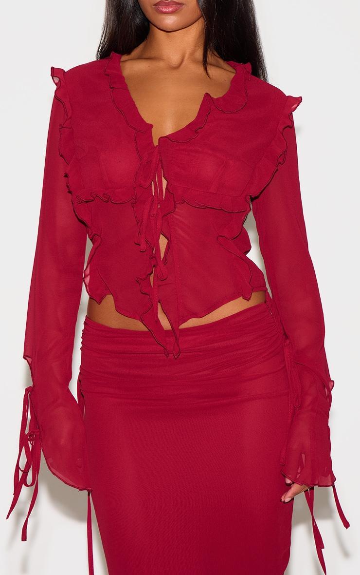 Burgundy Chiffon Ruffle Tie Front Blouse Product Image