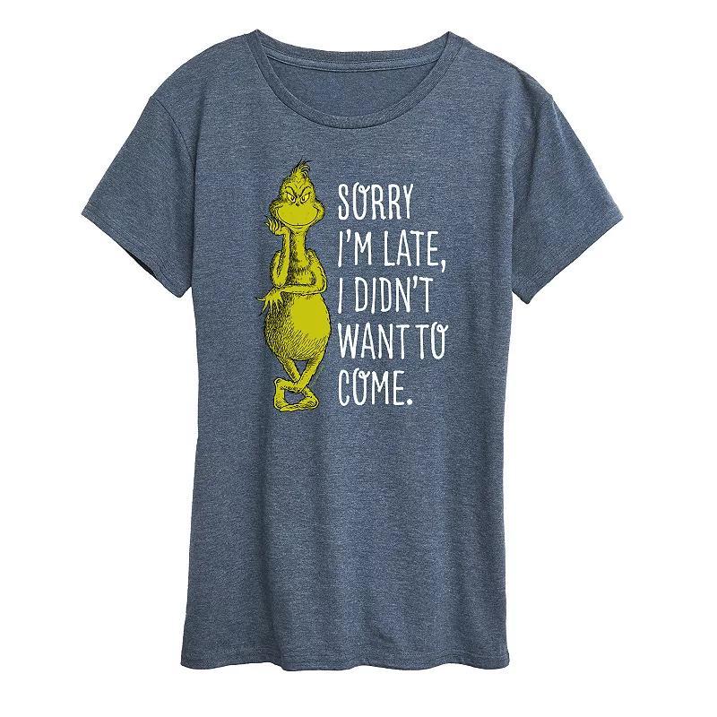 Women's Dr. Seuss The Grinch Sorry I'm Late Graphic Tee, Girl's, Size: Medium, Grey Dark Red Product Image