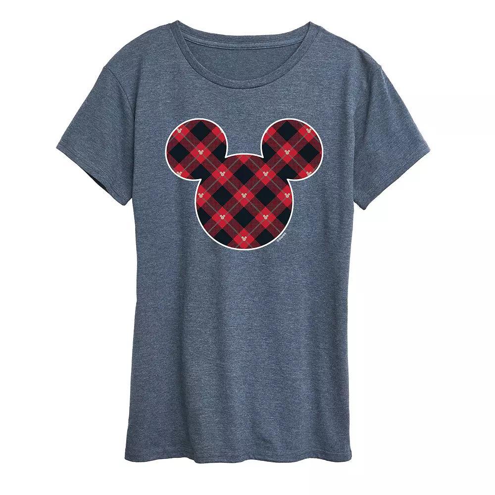 Disneys Mickey Mouse Womens Plaid Silhouette Graphic Tee, Girls Grey Blue Product Image
