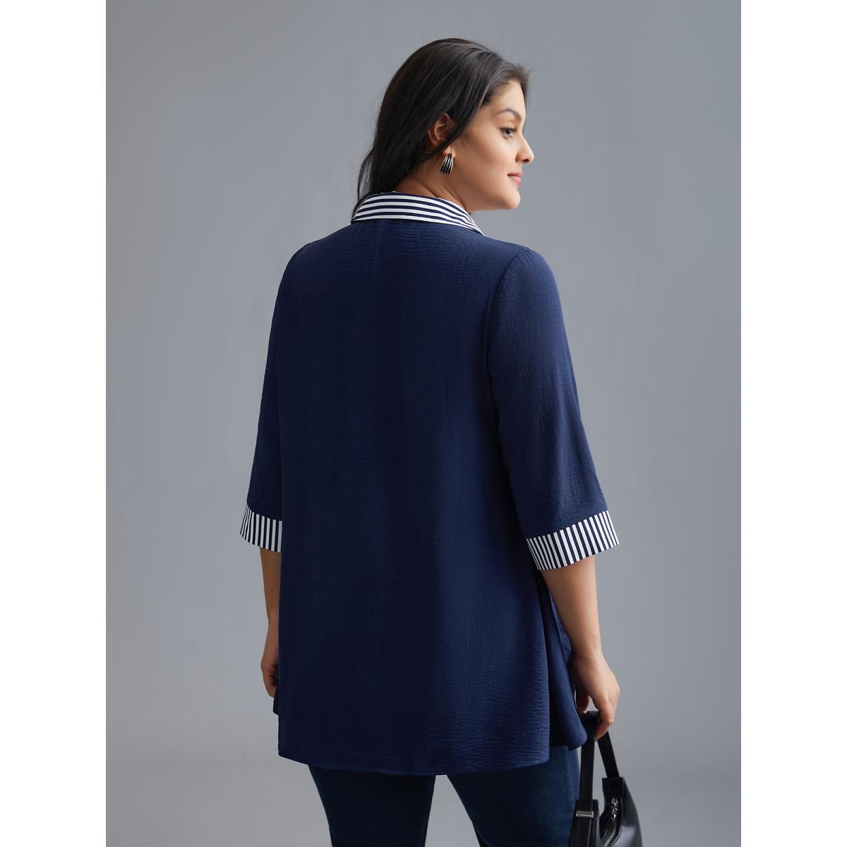 Plus Size Indigo Shirt Collar Patchwork Striped Blouse Women At the Office Extra Long Sleeve Square Neck Work Blouses BloomChic 26/4X Product Image