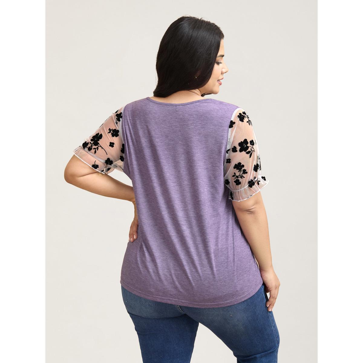 Plus Size Mixed Material Sheer Sleeve T-Shirt Heather Women Casual See through V-neck Everyday T-shirts BloomChic 18-20/2X Product Image