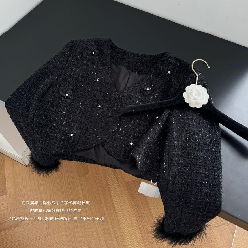 V-Neck Double Breasted Tweed Crop Jacket Product Image
