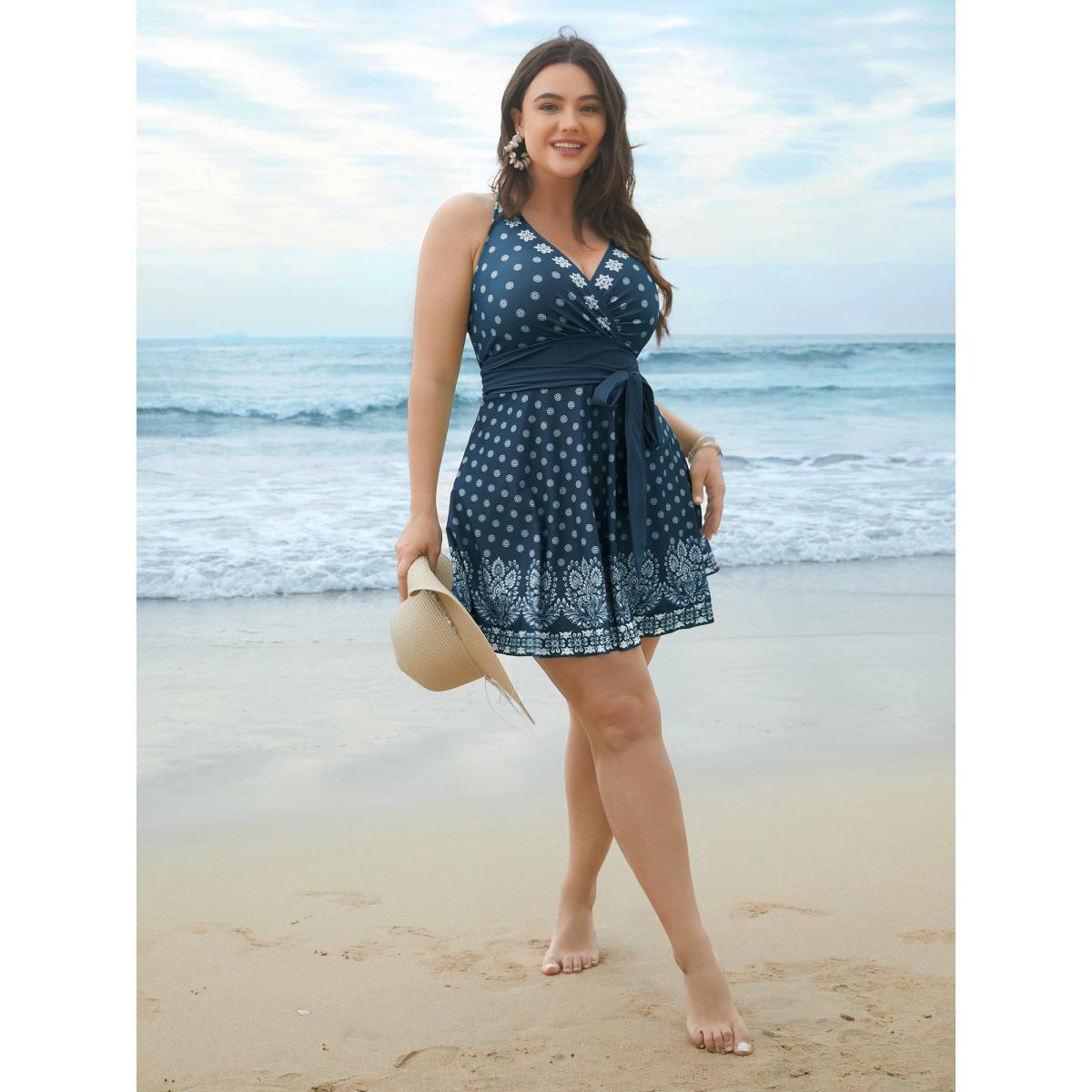Plus Size Boho Print Waist-Tie Surplice Neck Swim Dress Women's Swimwear Aegean Beach Bodycon Overlap Collar High stretch Curve Swim Dresses BloomChic 10/M Product Image