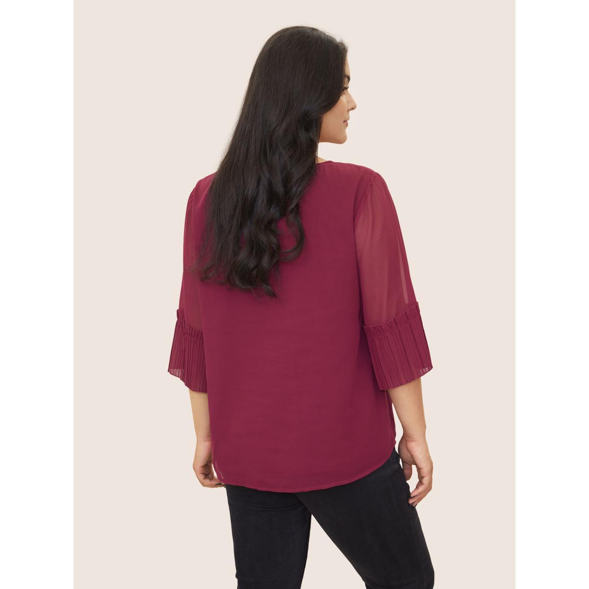 Plus Size Purple Solid Pleated Patchwork Mesh Bell Sleeve Blouse Women Elegant Elbow-length sleeve V-neck Everyday Blouses BloomChic 22-24/3X Product Image