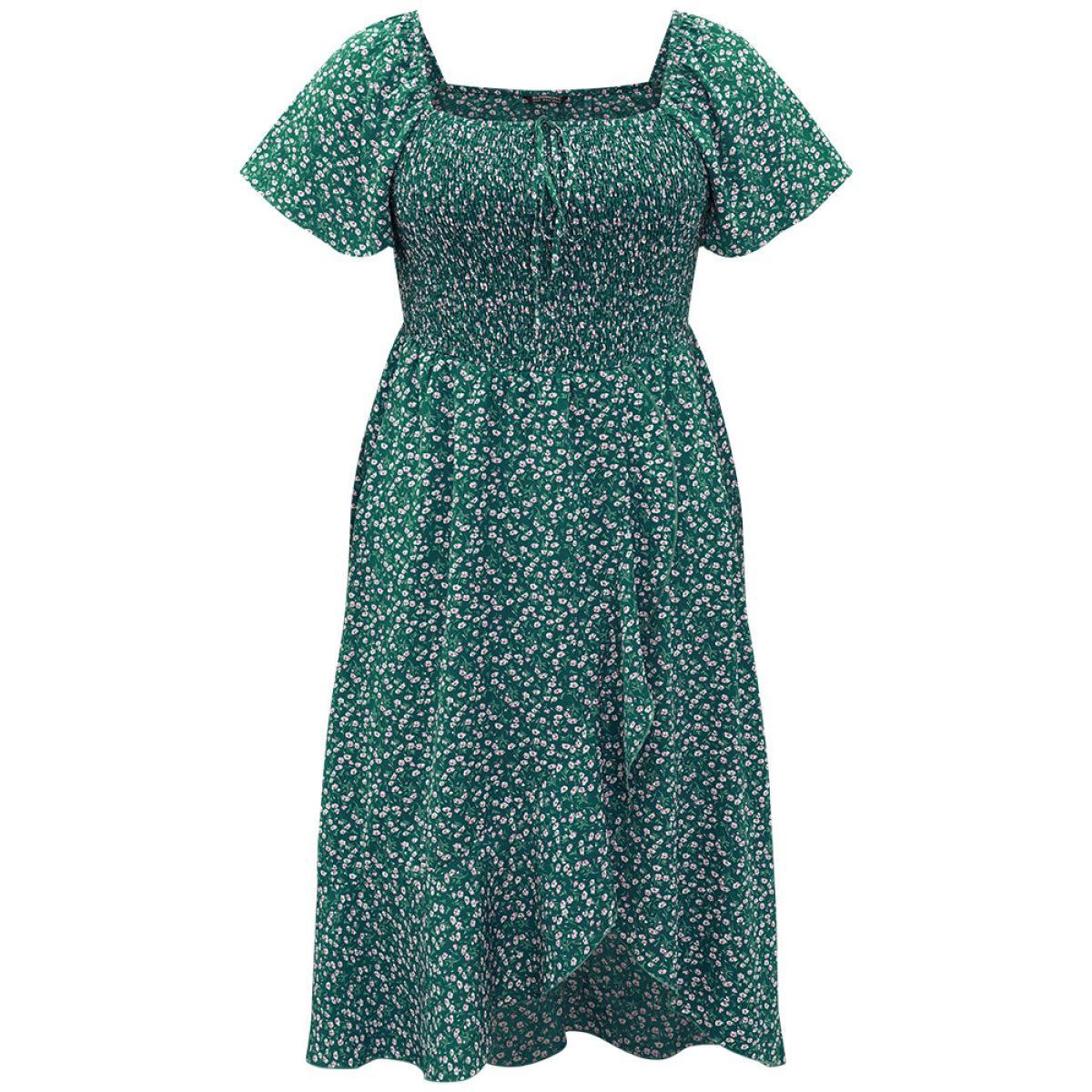 Plus Size Ditsy Floral Shirred Bowknot Pocket Wrap Hem Dress Teal Women Elegant Wrap Square Neck Short sleeve Curvy Midi Dress BloomChic 10/M Product Image