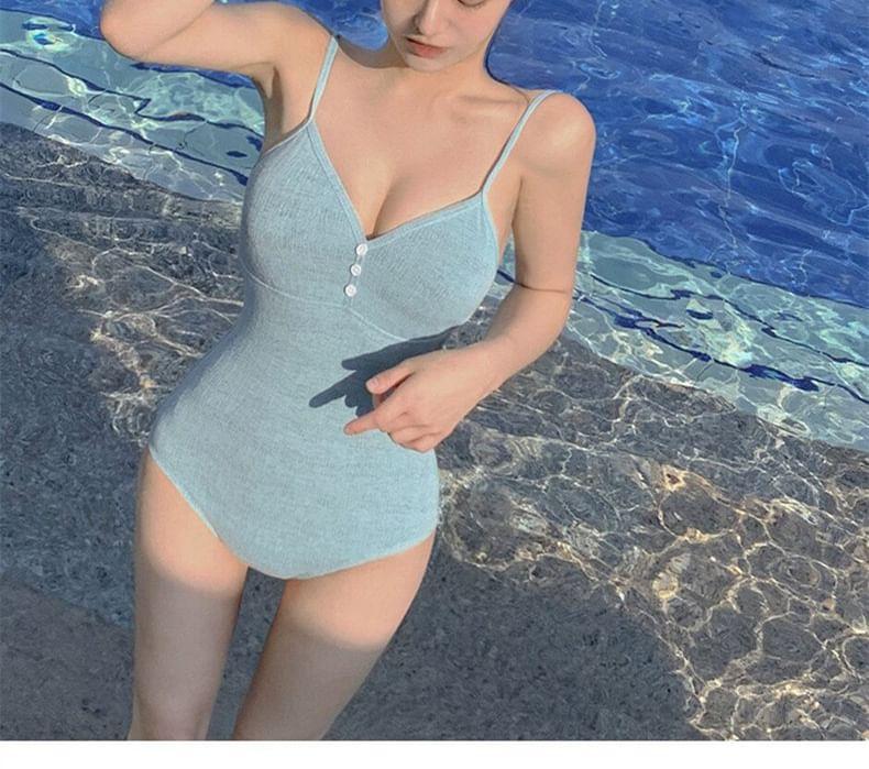 Spaghetti Strap Plain Swimsuit Product Image