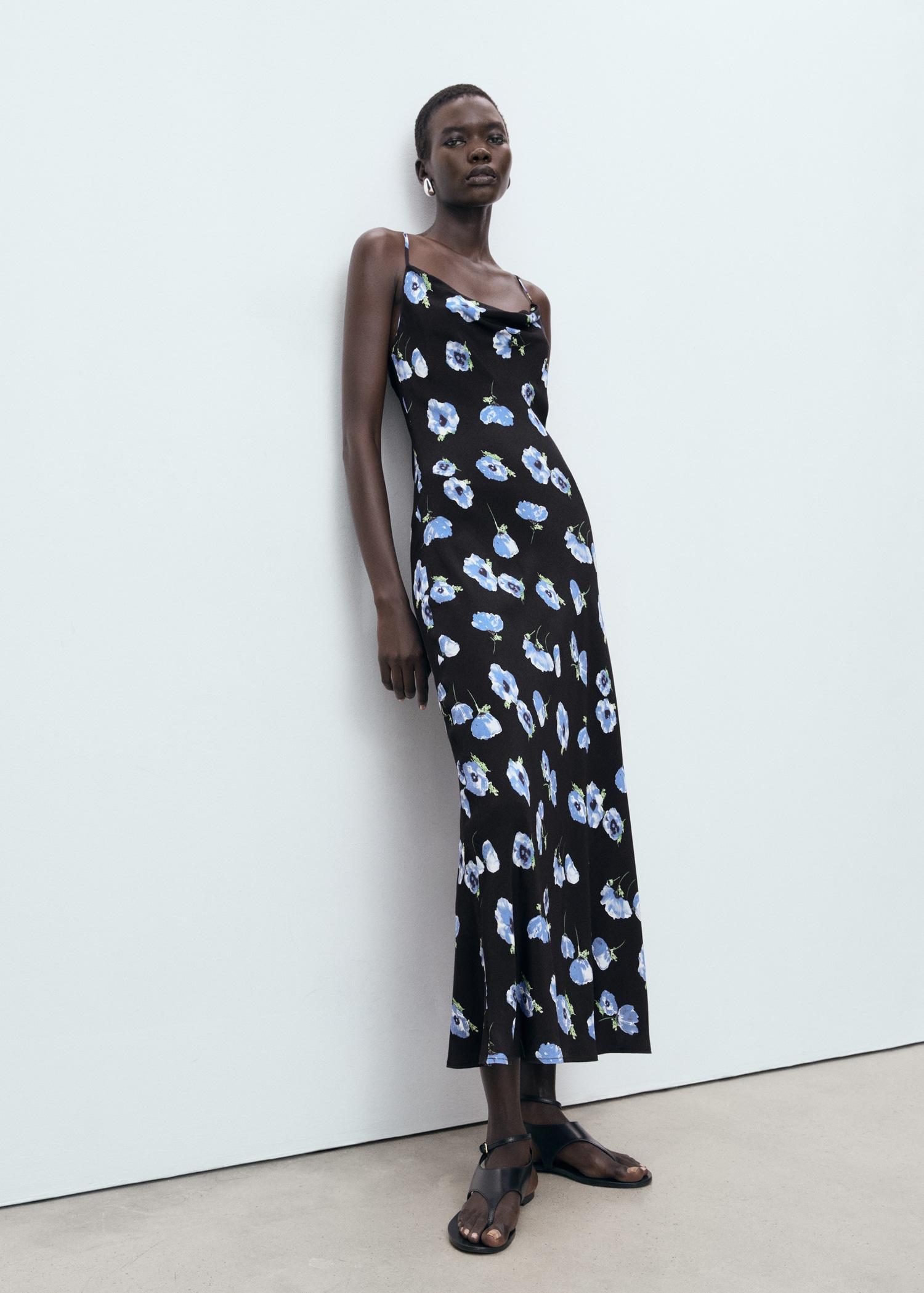 Long dress with draped neckline - Women | MANGO USA Product Image