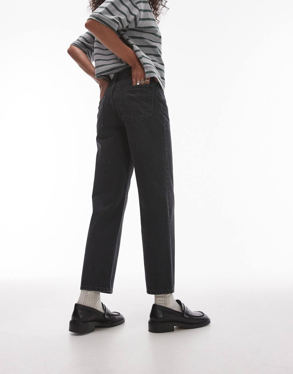 Topshop Runway cropped mid rise straight jeans in washed black Product Image