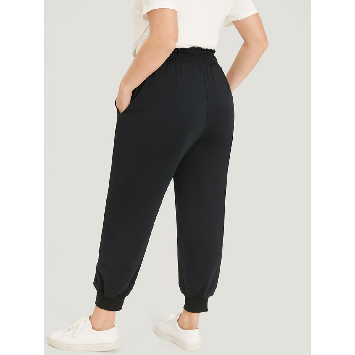 Solid Pocket Bowknot Shirred Sweatpants Black Plus Size Women Casual Dailywear Drawstring 14-16/1X Bloomchic Product Image