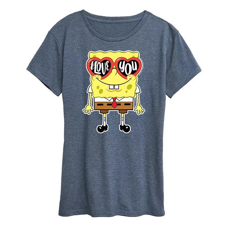 Womens Spongebob Squarepants Love You Heart Glasses Graphic Tee Grey Blue Product Image