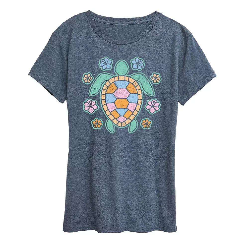 Women's Turtle And Flowers Graphic Tee, Size: Large, Grey Royal Blue Product Image