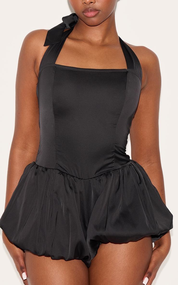 Black Satin Halter Neck Puffball Romper Product Image