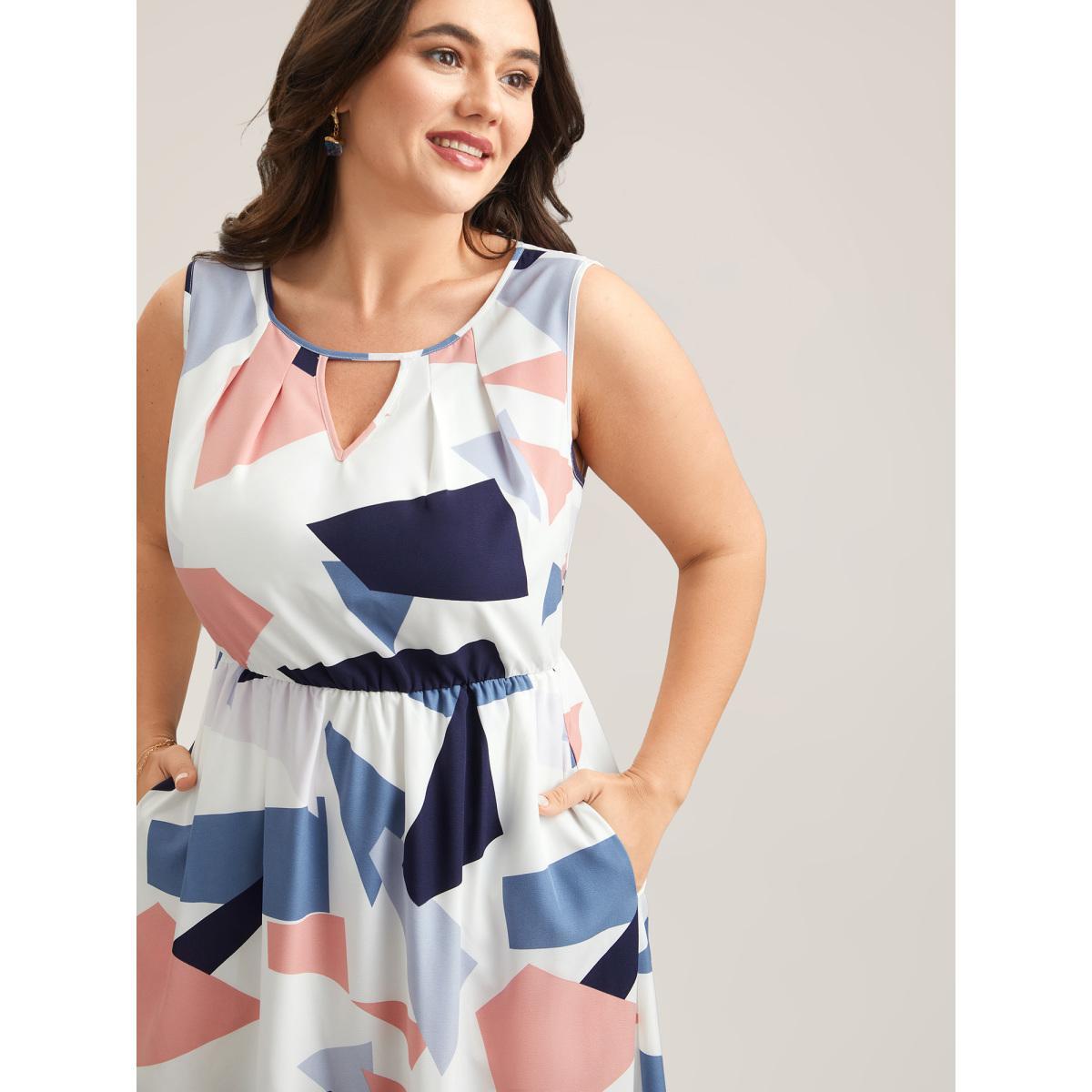 Plus Size Shapes Pattern Keyhole Pockets Midi Dress Multicolor Women Elegant Cut-Out Round Neck Sleeveless Curvy BloomChic 10/M Product Image
