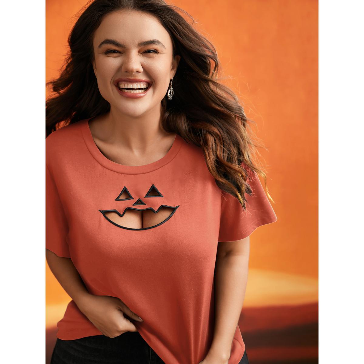 Plus Size Jack-O-Lantern Neck Hollow Embroidered T-shirt Rust Women Casual Cut-Out Halloween Round Neck Everyday T-shirts BloomChic 28/5X Product Image