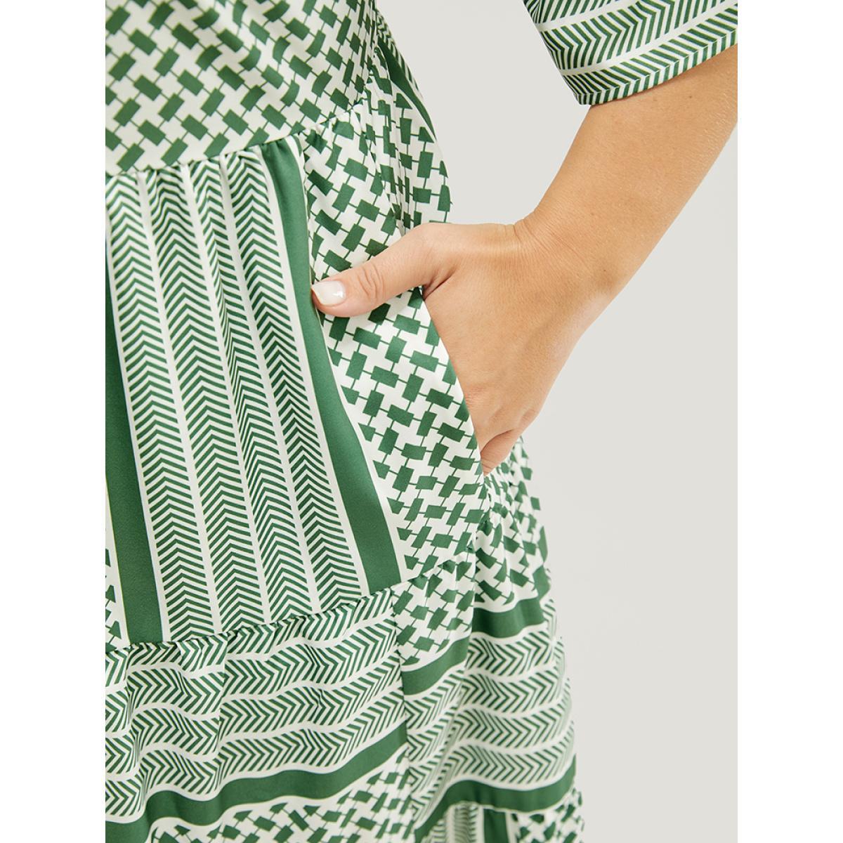 Plus Size Striped Geometric Ruffle Sleeve Patchwork Pocket Flutter Dress Mint Women Vacation Patchwork V-neck Elbow-length sleeve Curvy Midi Dress BloomChic 30/6X Product Image