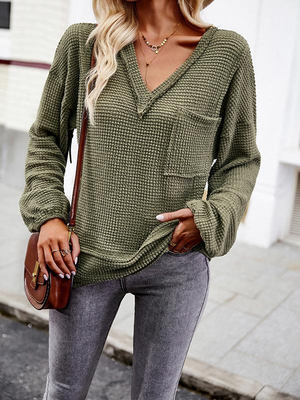 Long Sleeves Loose Elasticity Pockets Solid Color Split-Joint V-Neck T-Shirts Tops Product Image