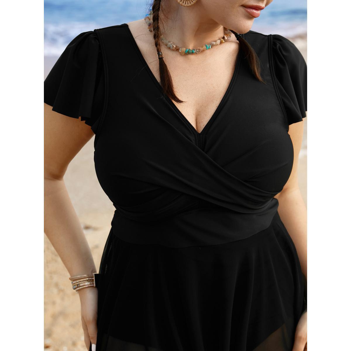 Plus Size Solid Ruffles Gathered See Through Swim Dress Women's Swimwear Black Beach Bodycon V-neck High stretch Curve Swim Dresses BloomChic 26/4X Product Image