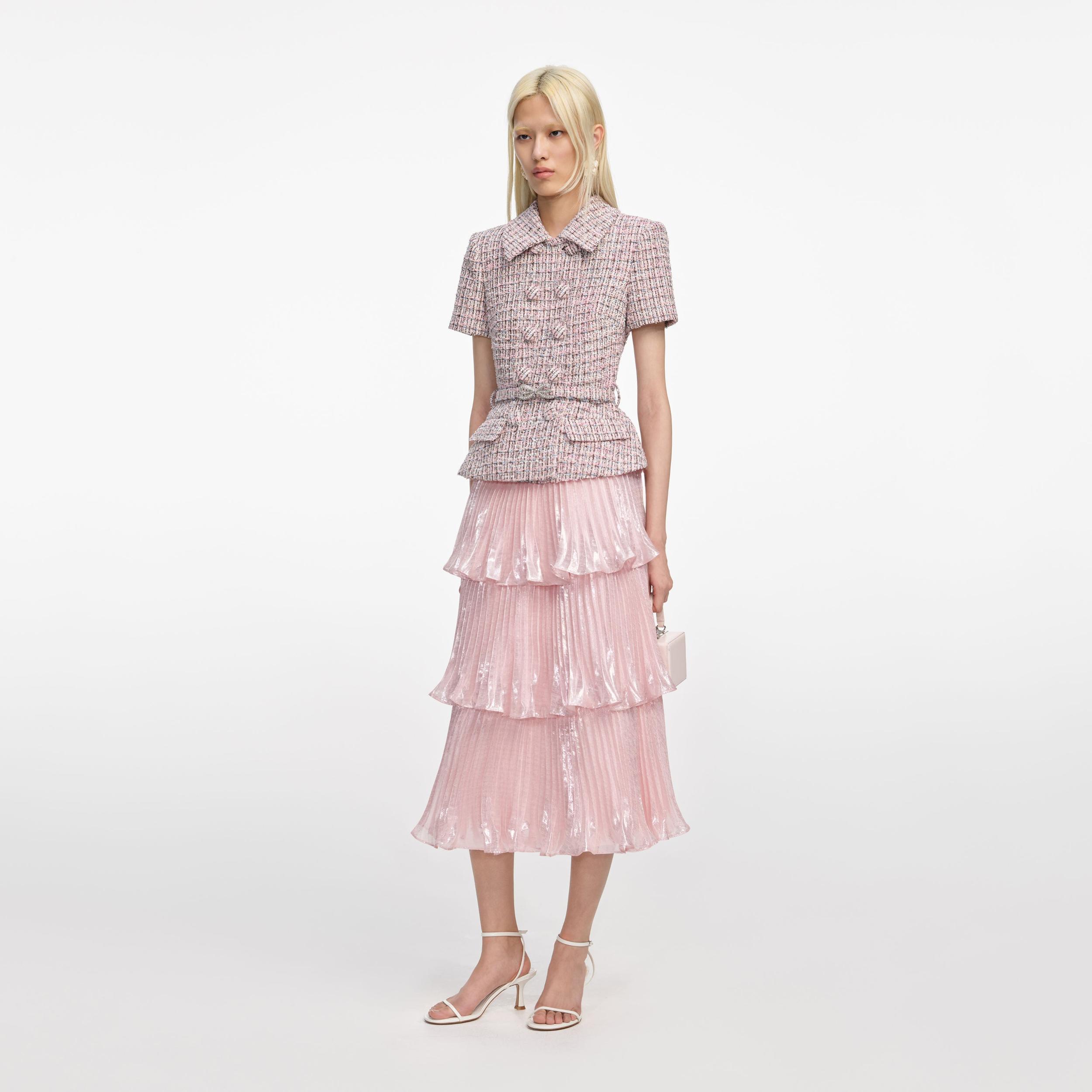 Pink Boucle Metallic Tiered Midi Dress Product Image