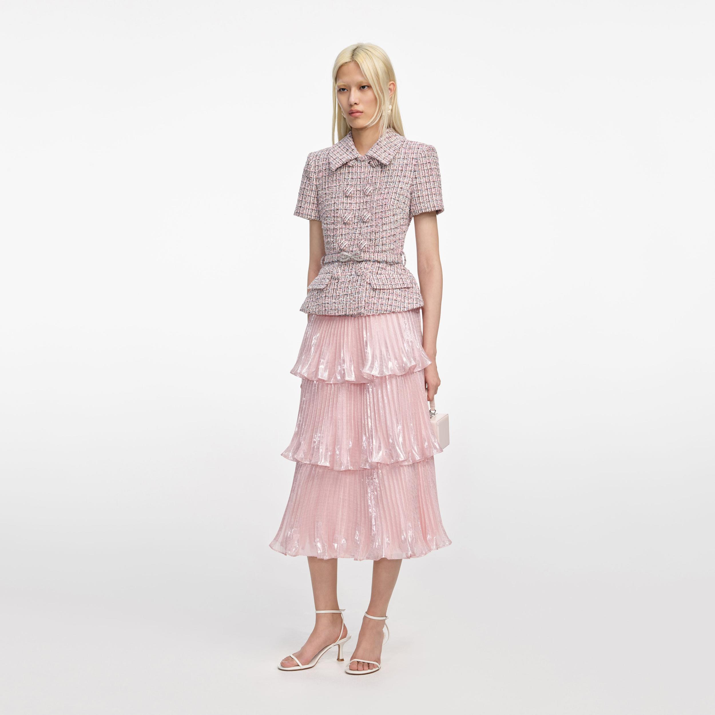 Pink Boucle Metallic Tiered Midi Dress Product Image