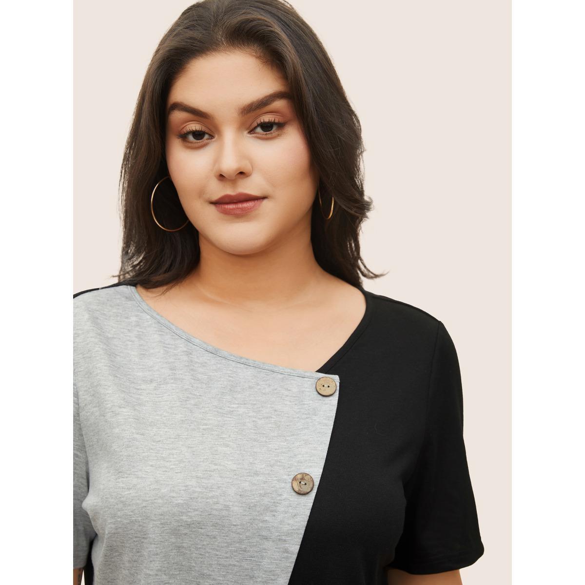 Plus Size Two Tone Button Detail Asymmetrical Neck T-shirt Black Women Casual Contrast Plain Asymmetrical Neck Everyday T-shirts BloomChic 14-16/1X Product Image