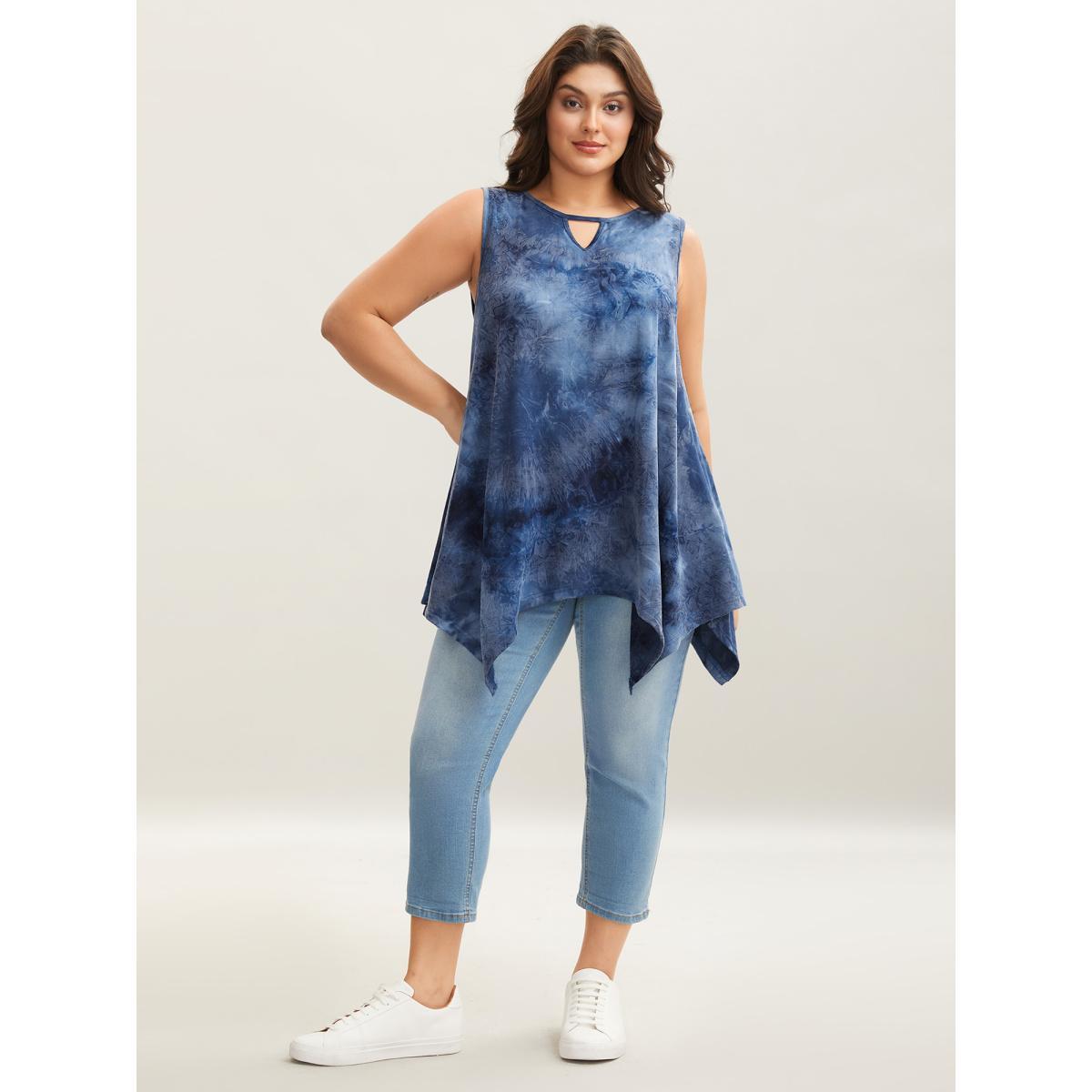 Plus Size Tie-Dye Keyhole Long Tank Top Women Mediumblue Casual Cut-Out Notched collar Everyday-Casual Tank Tops Camis BloomChic 22-24/3X Product Image