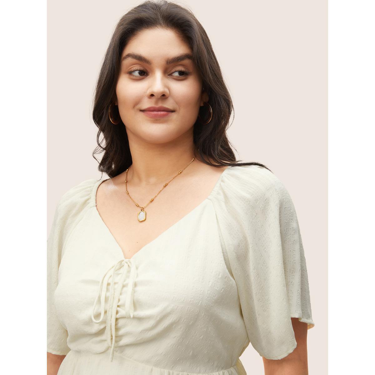Plus Size Ivory Plain Texture Elastic Waist Ruched Ties Blouse Women Elegant Short sleeve V-neck Everyday Blouses BloomChic 30/6X Product Image