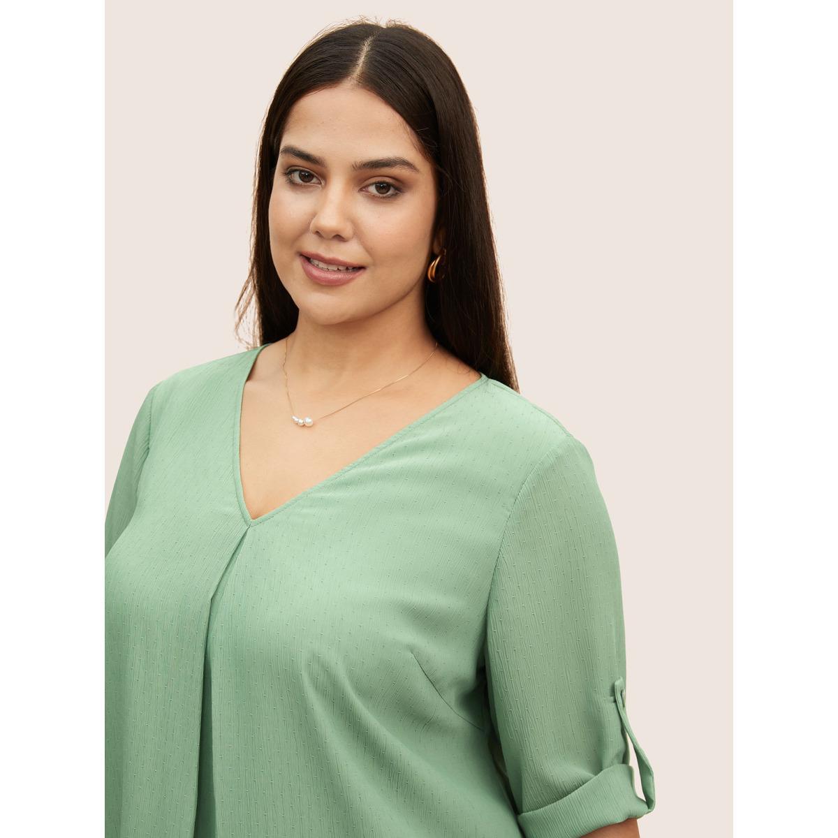Plus Size Mint V Neck Plain Pleated Tab Sleeve Blouse Women Work From Home Elbow-length sleeve V-neck Work Blouses BloomChic 12/L Product Image