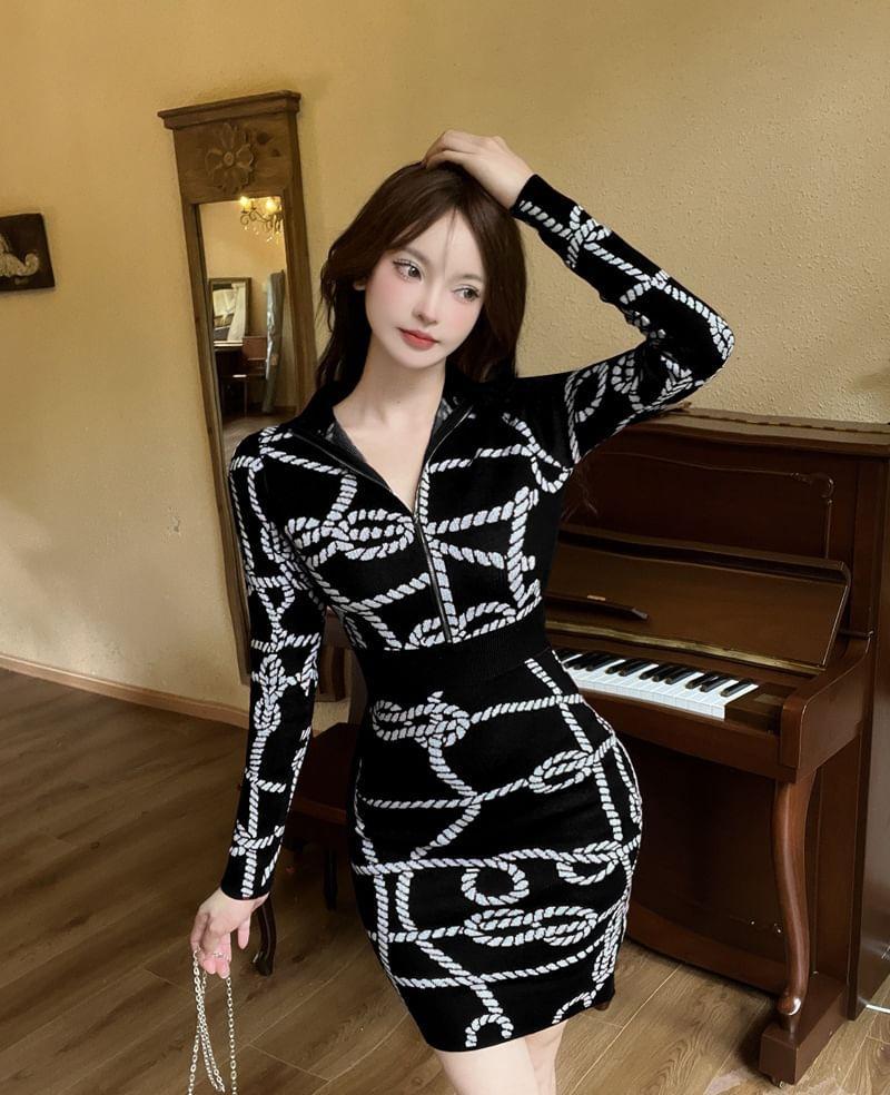 Long-Sleeve Collared Pattern Knit Mini Bodycon Dress Product Image