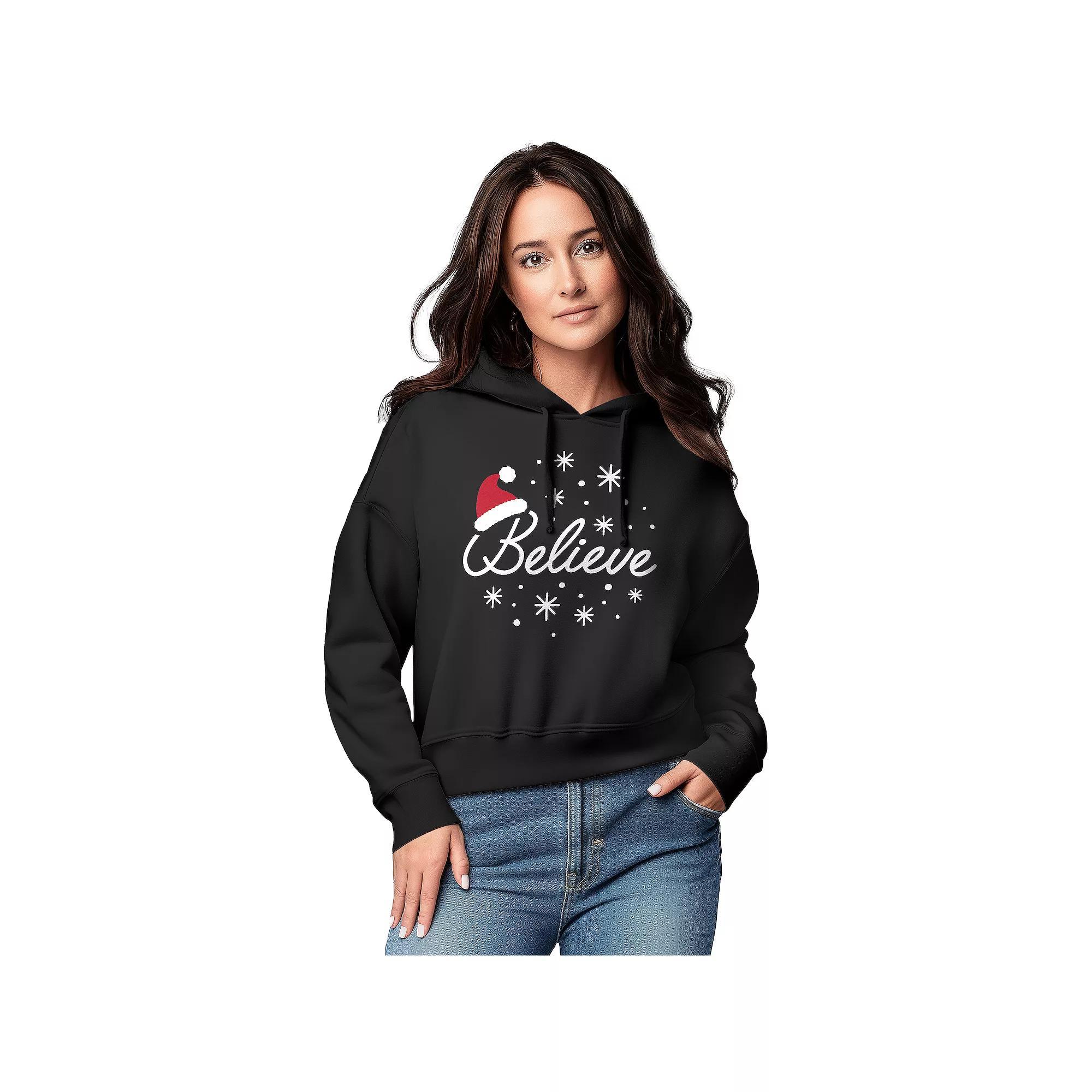 Women's Believe With Santa Hat Graphic Cropped Hoodie, Size: Small, Black Product Image
