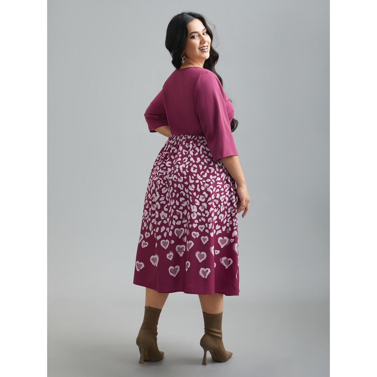 Plus Size Square Neck Contrast Boho Print Midi Dress Deeppurplered Women Elegant Patchwork Square Neck Elbow-length sleeve Curvy BloomChic 30/6X Product Image