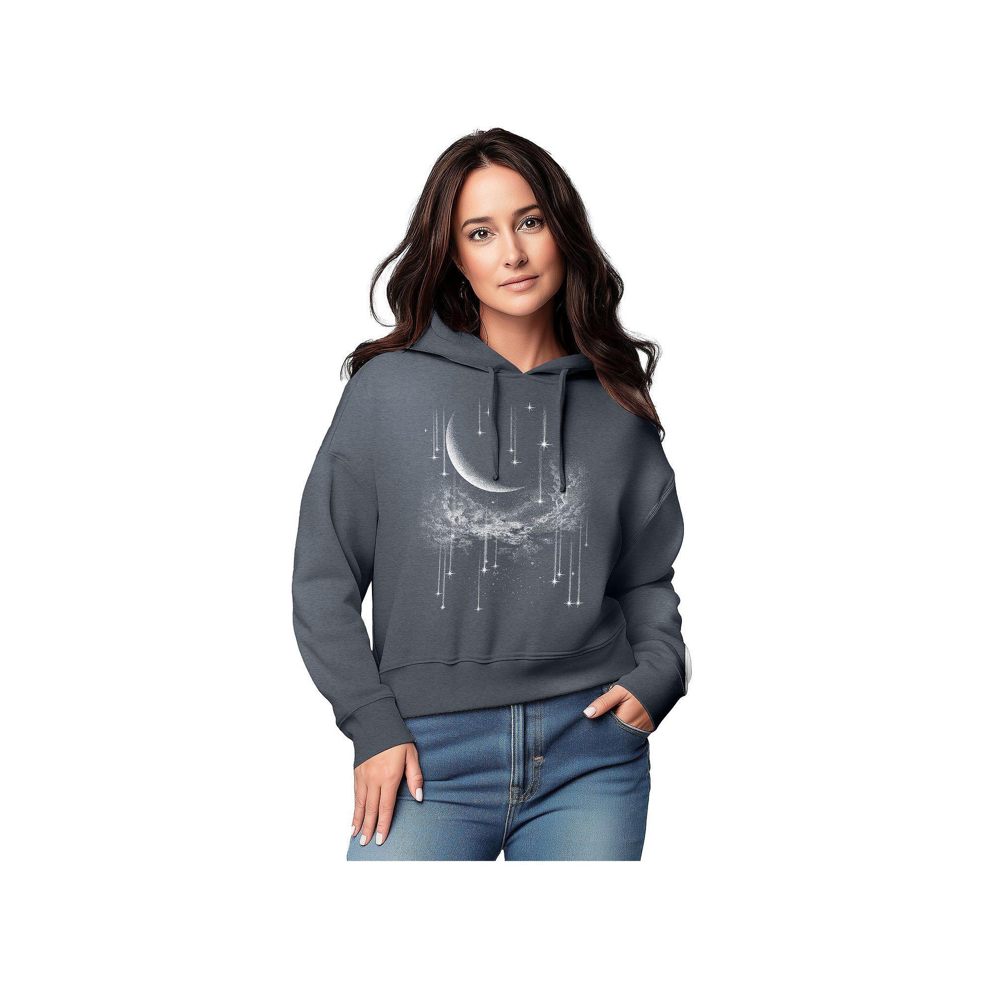 Women's Falling Stars Graphic Cropped Hoodie, Size: Medium, Grey Blue Product Image