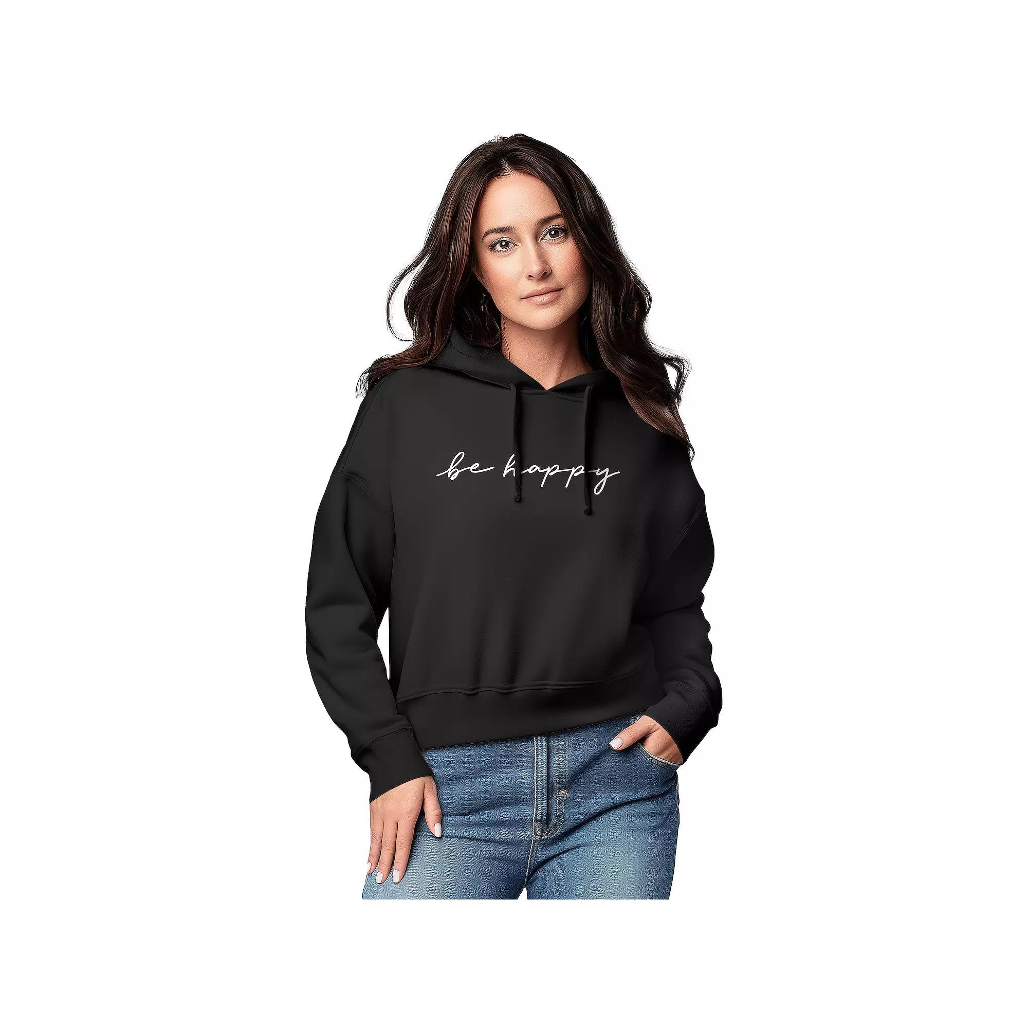 Women's Be Happy Script Graphic Cropped Hoodie, Size: Medium, Black Product Image