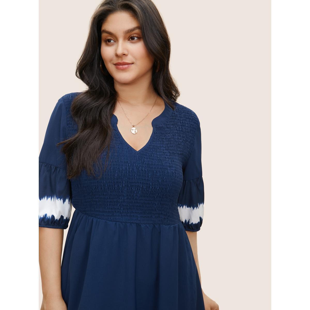 Plus Size Tie Dye Shirred Pocket Notched Dress DarkBlue Women Casual Non Notched collar Half Sleeve Curvy Midi Dress BloomChic 30/6X Product Image