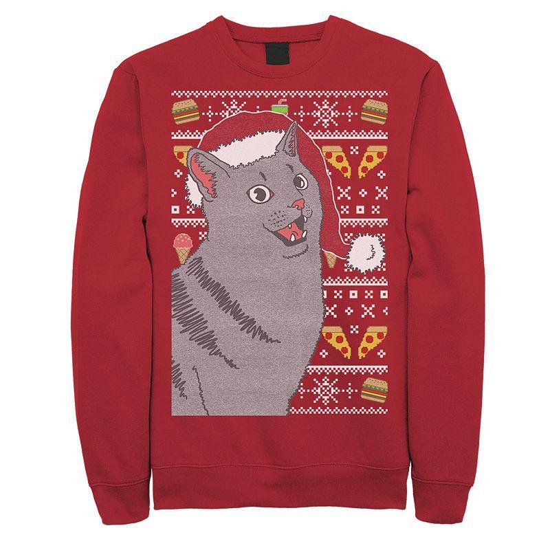 Mens Surprised Cat In Santa Hat Knit Style Graphic Fleece Pullover Product Image