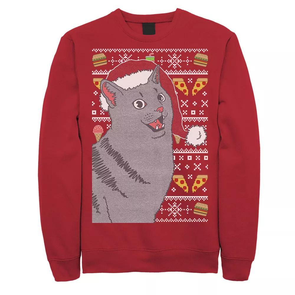 Mens Surprised Cat In Santa Hat Knit Style Graphic Fleece Pullover Product Image