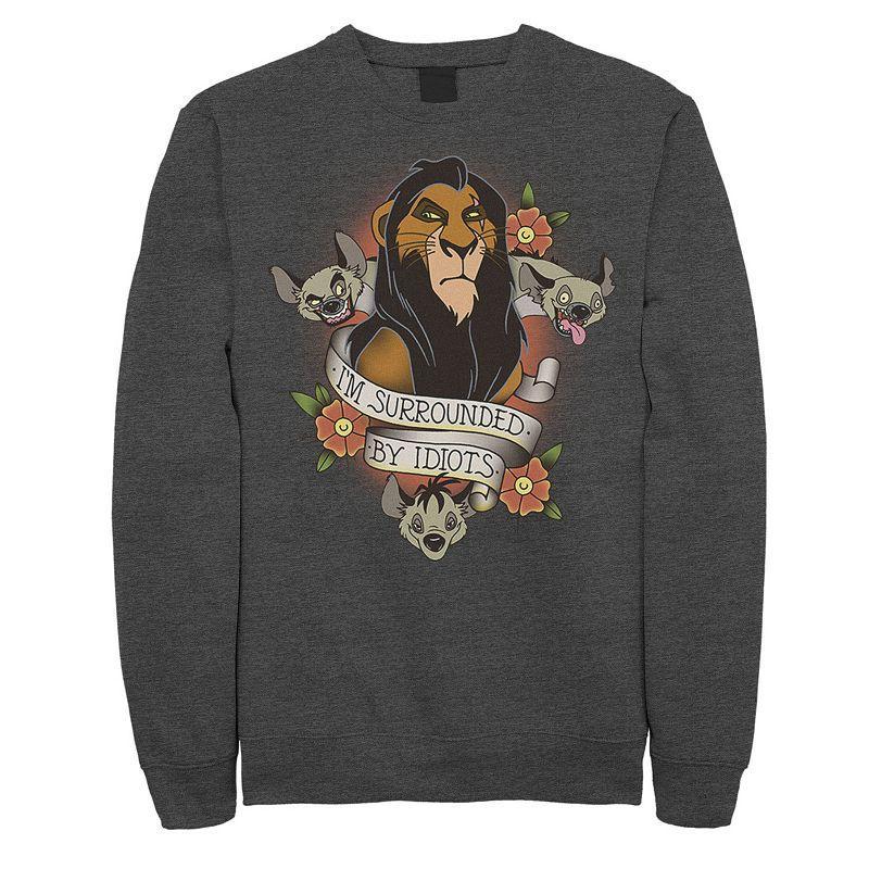 Disney's The Lion King Men's Scar With Hyenas Surrounded By Idiots Graphic Fleece Pullover, Size: XXL, Grey Heather Product Image